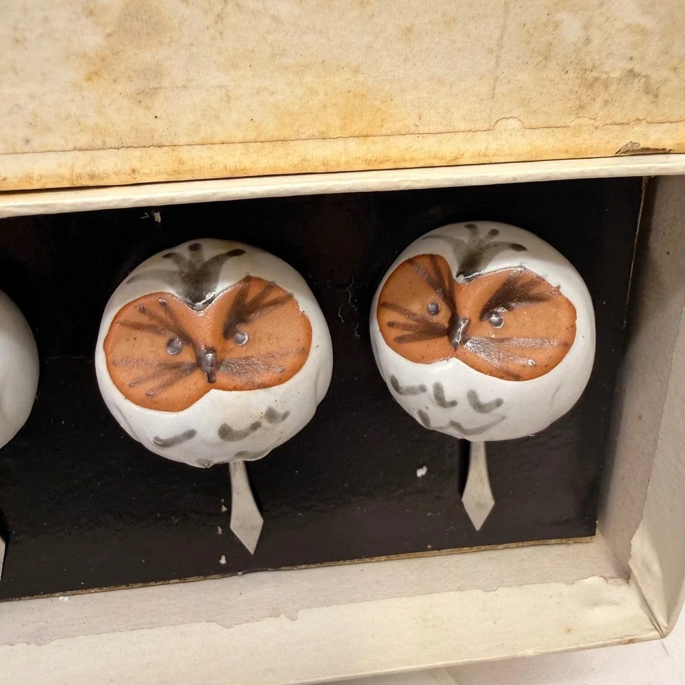 Vintage '72 Fitz & Floyd Owl Corn Holders 4 Pair Japan Pottery whimsical w/ box